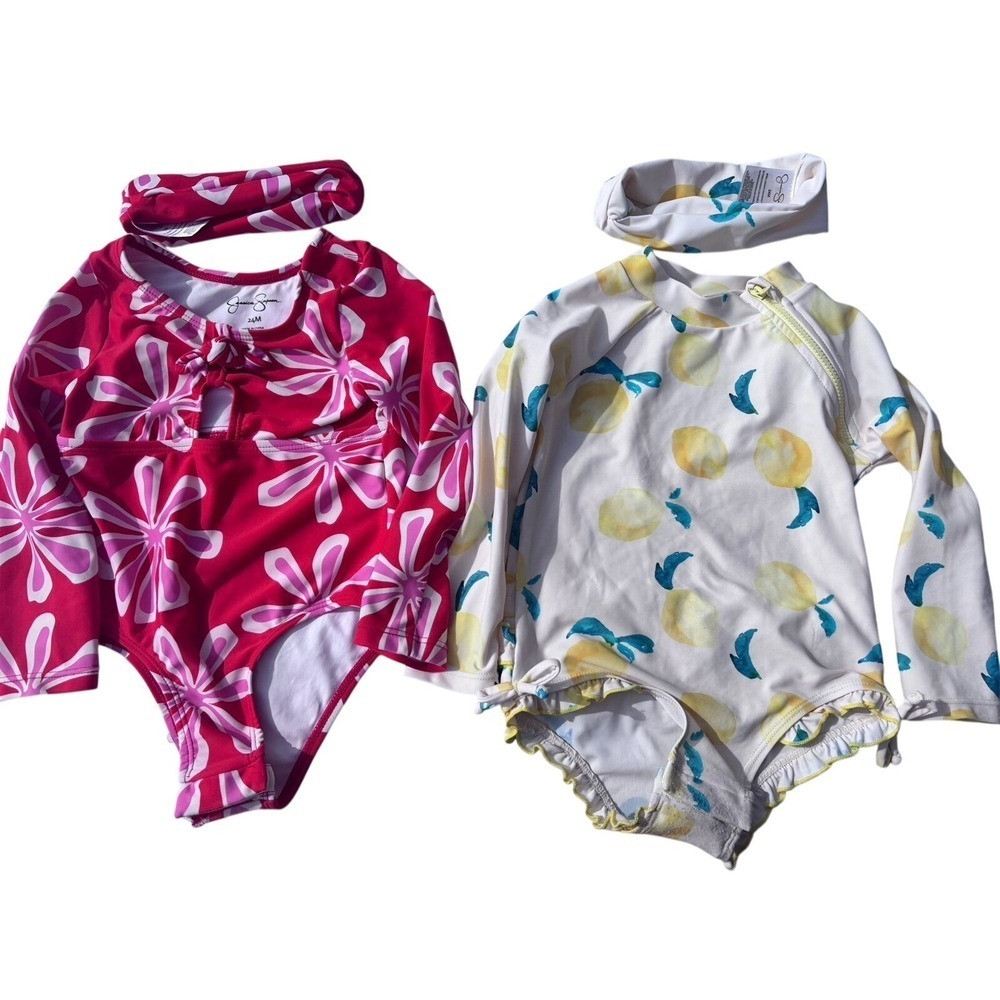 Jessica Simpson Swimsuit Set Toddler 24M Pink Floral Lemon Rash Guard